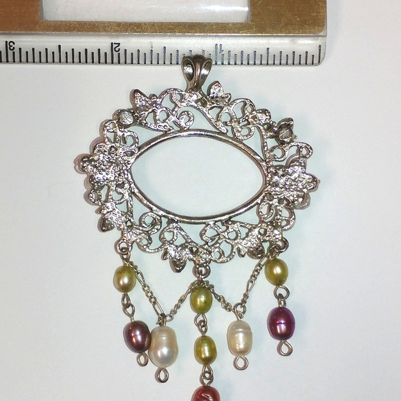 ART NOUVEAU STYLE PENDANT, GENUINE PEARLS & ENAMEL - 30" ROPE CHAIN - Picture 5 of 8